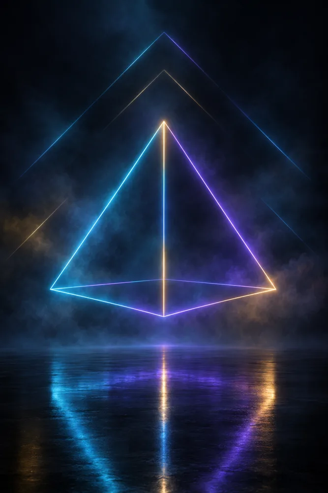 Mood image for AcroPyramidia: a glowing neon pyramid outline over a dark reflective floor